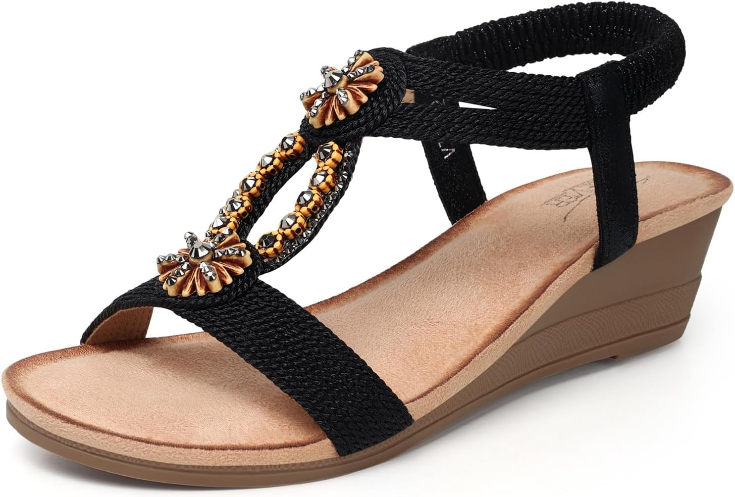 Womens Wedge Sandals Flower Low Heel Dressy Sandals Elastic Ankle Strap Rhinestone Summer Comfortable Shoe