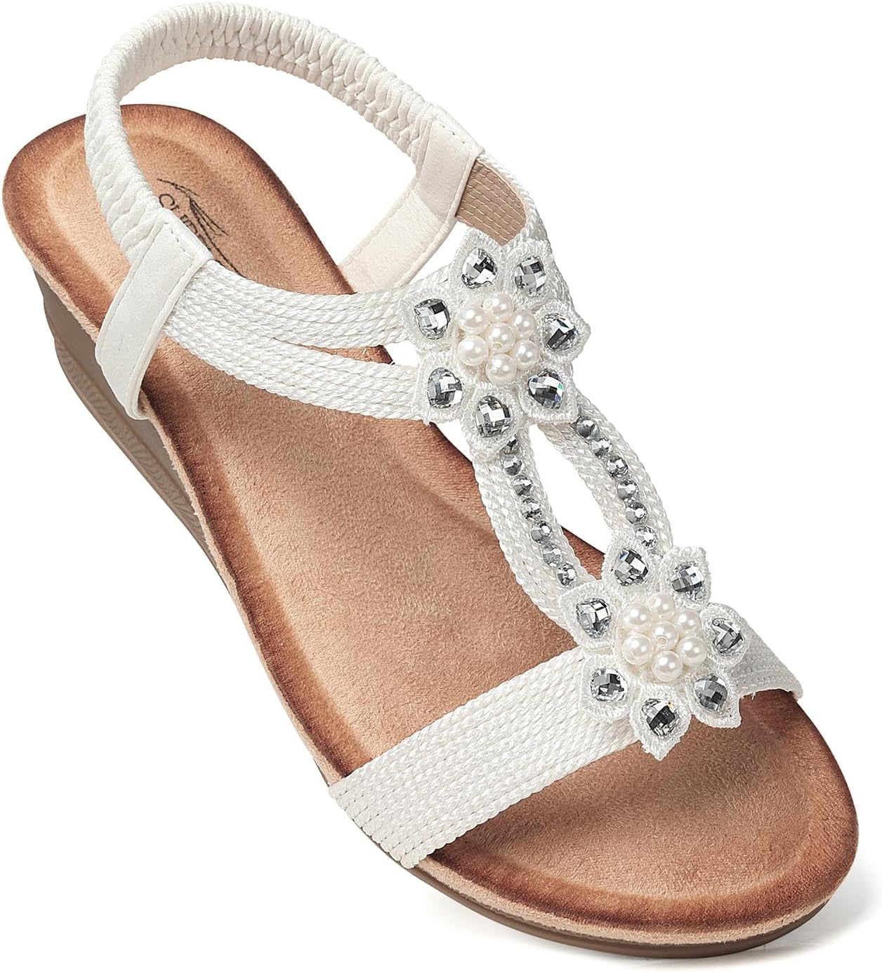 Womens Wedge Sandals Flower Low Heel Dressy Sandals Elastic Ankle Strap Rhinestone Summer Comfortable Shoe