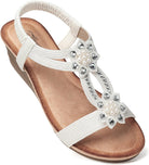 Womens Wedge Sandals Flower Low Heel Dressy Sandals Elastic Ankle Strap Rhinestone Summer Comfortable Shoe