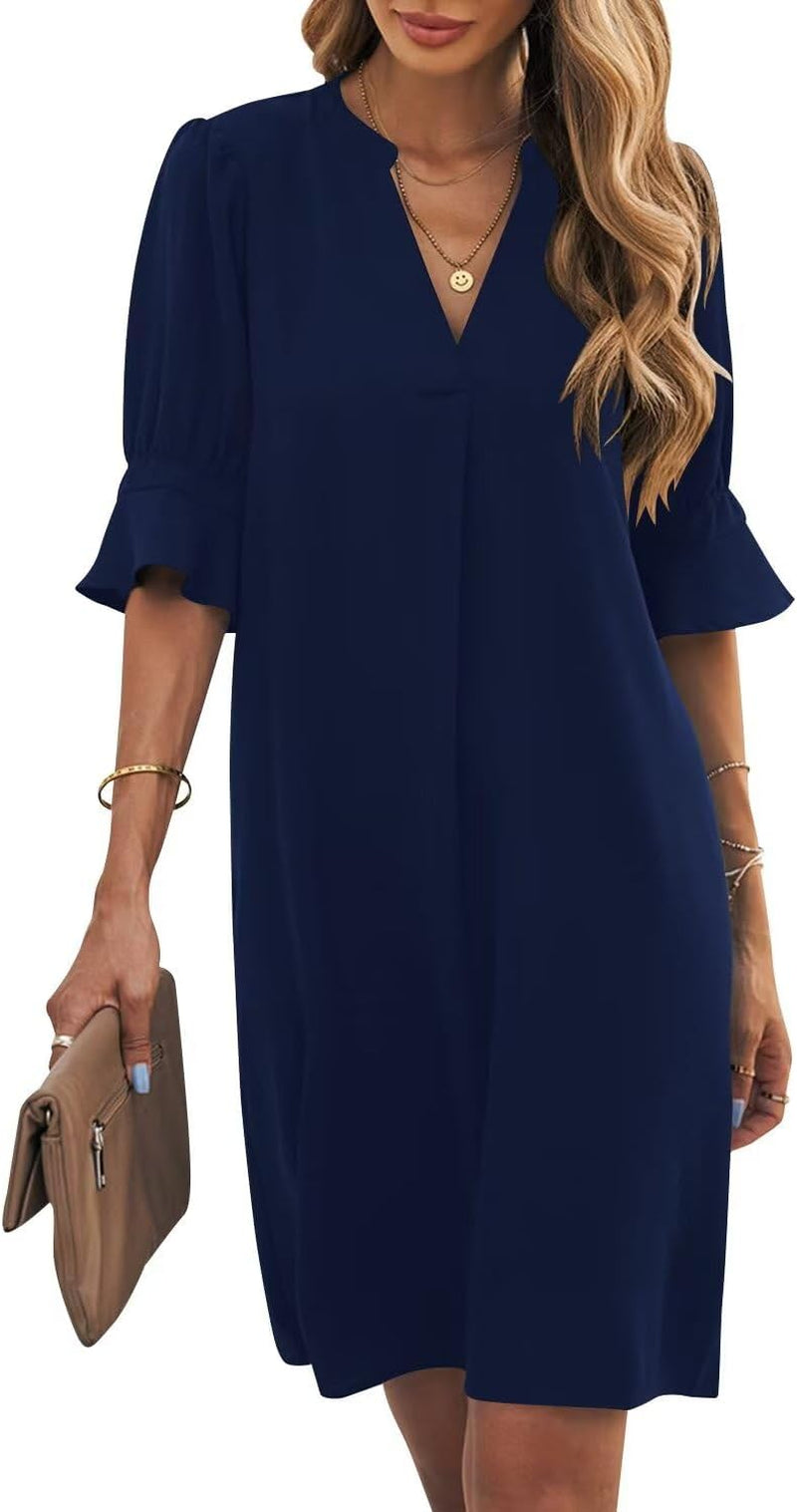 Shift Dress for Women V Neck Short Sleeves Solid Color Casual Flowy Summer Dresses(S-2Xl)