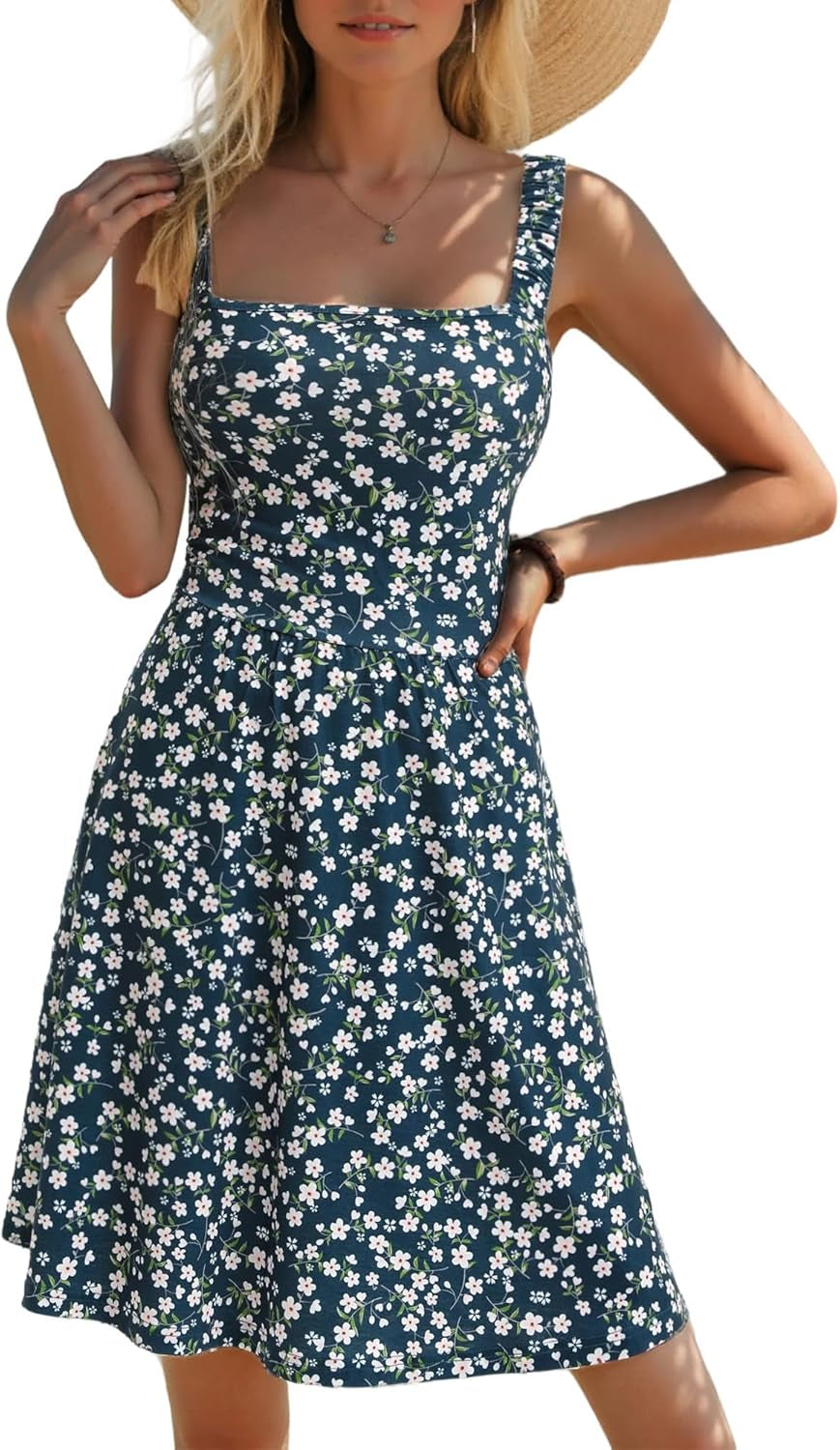Women'S Summer Casual Square Neck Dress with Pocket Cute Sleeveless High Waist A-Line Sundress Midi Dresses