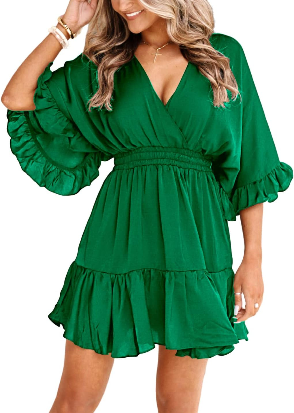 Womens V Neck Casual Dresses Summer Loose High Waist Ruffle Pleated Cute Mini Short Dress