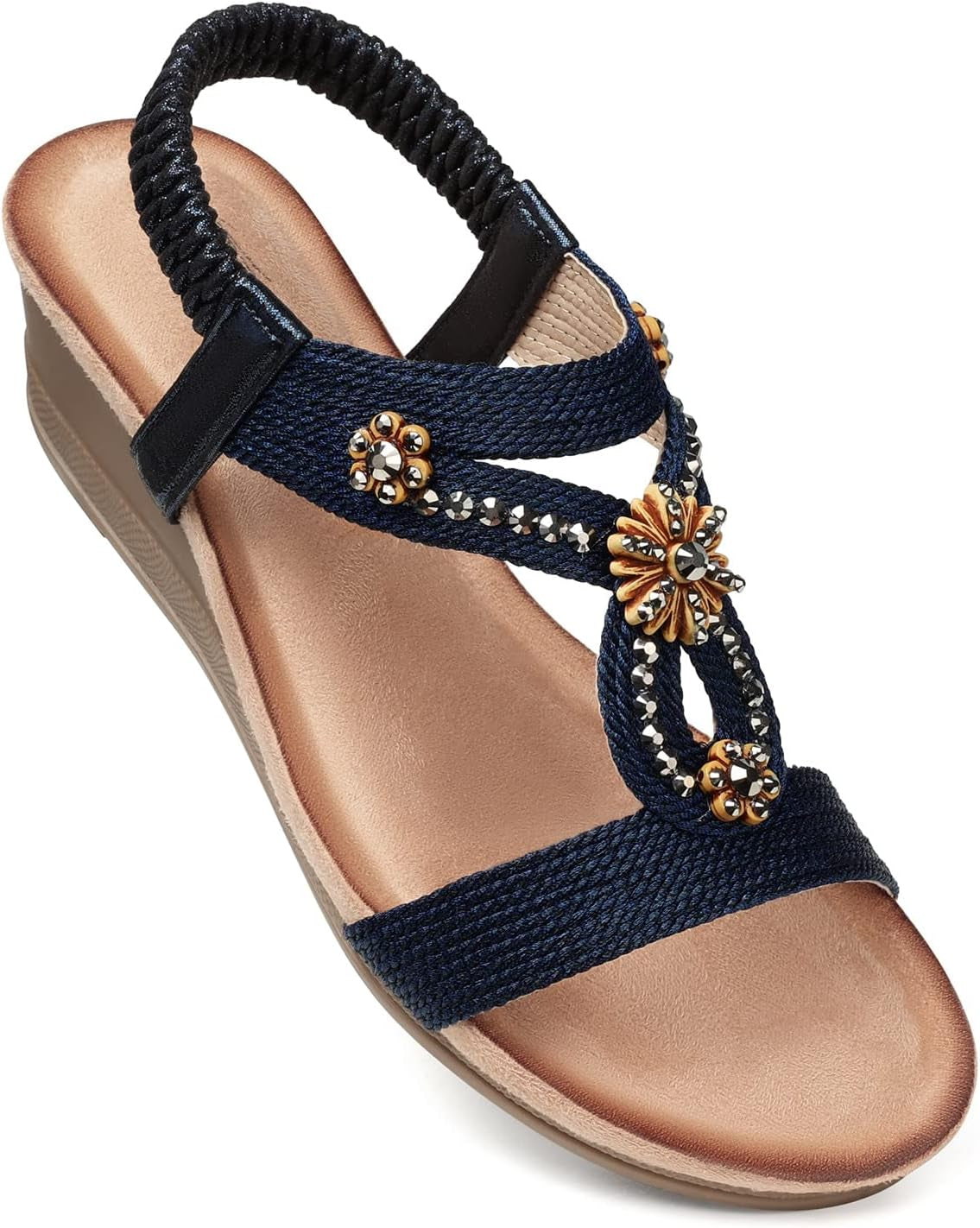 Womens Wedge Sandals Flower Low Heel Dressy Sandals Elastic Ankle Strap Rhinestone Summer Comfortable Shoe