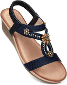Womens Wedge Sandals Flower Low Heel Dressy Sandals Elastic Ankle Strap Rhinestone Summer Comfortable Shoe