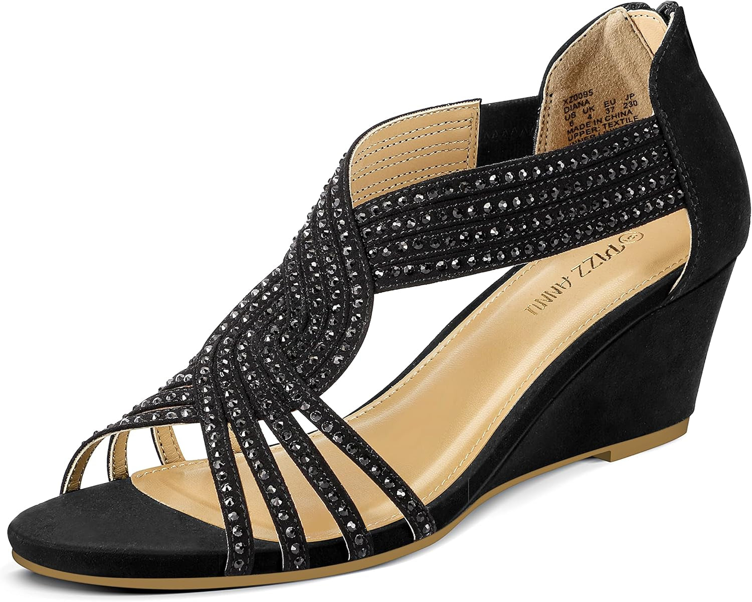 Women'S Diana Low Wedge Sandals Sparkly Rhinestone Open Toe Fashion Dress Shoes for Woman Lady in Bridal Dance Evening