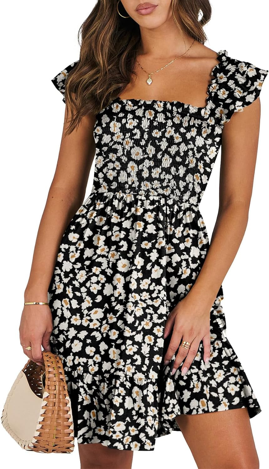 Women'S Summer Casual Sleeveless Square Neck Dress 2025 Smocked Ruffle Backless Boho Beach Cute Teen Short Sundress