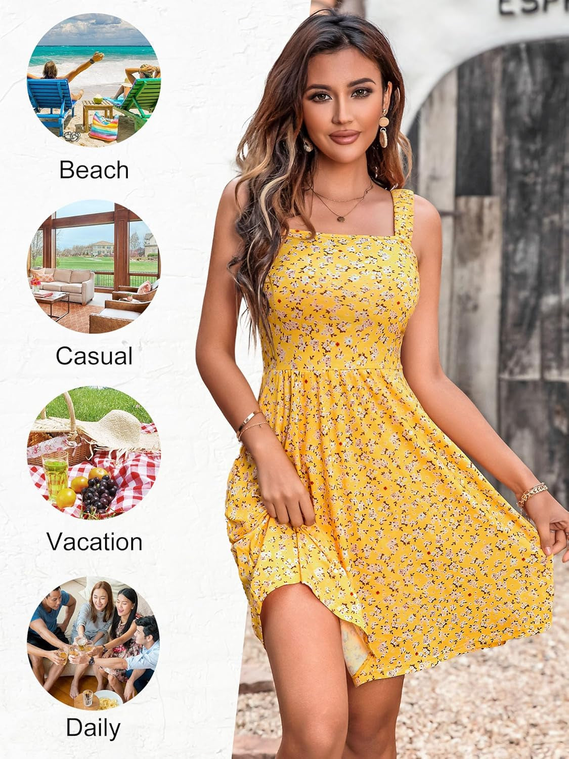 Women'S Summer Casual Square Neck Dress with Pocket Cute Sleeveless High Waist A-Line Sundress Midi Dresses