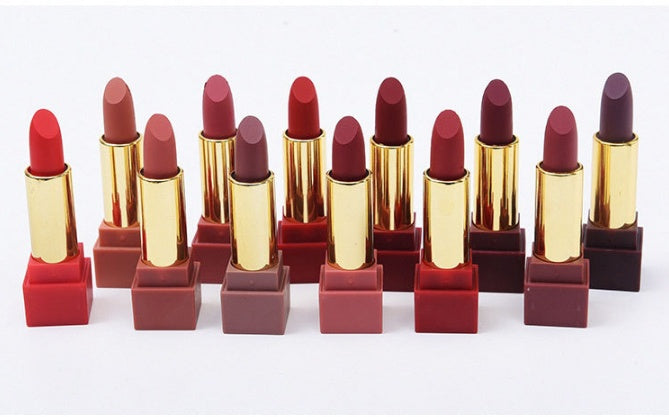 Nuevo juego de 12 labiales mate en tubo cuadrado.