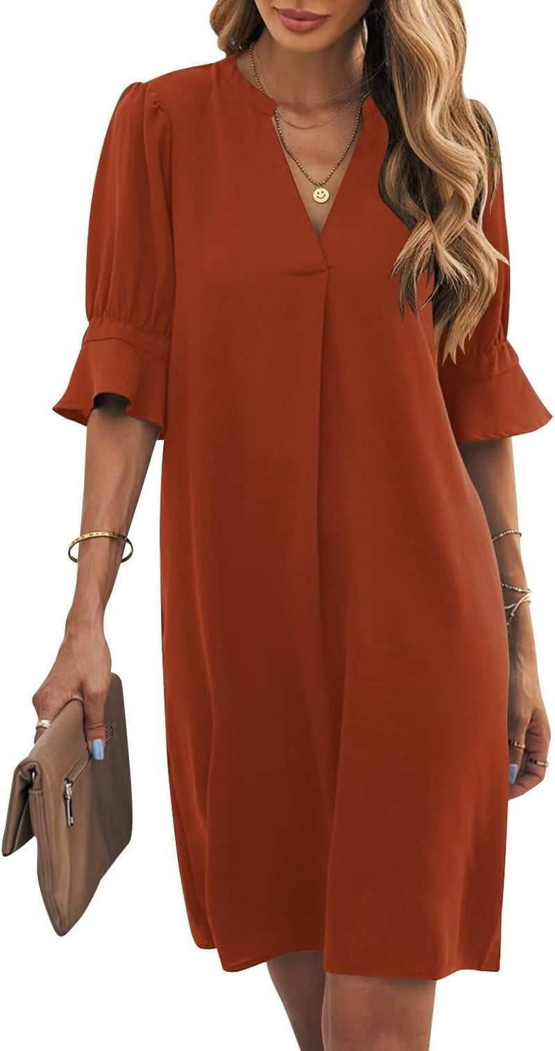 Shift Dress for Women V Neck Short Sleeves Solid Color Casual Flowy Summer Dresses(S-2Xl)
