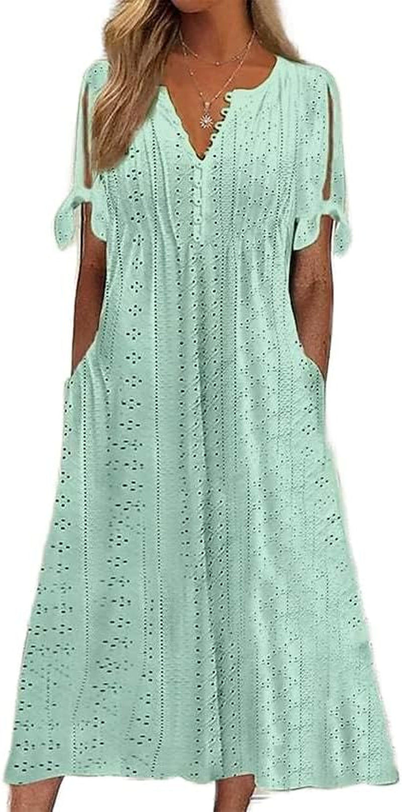Womens Boho Eyelet Pastel Dress Button V Neck Tie Knot Short Sleeve Vacation Beach Midi Dresses with Pockets
