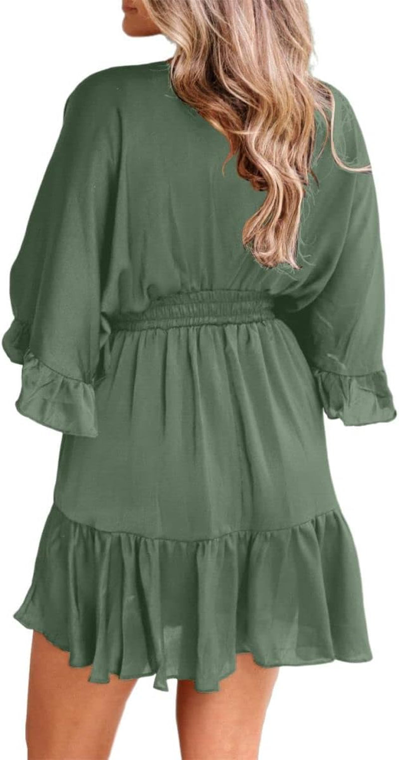 Womens V Neck Casual Dresses Summer Loose High Waist Ruffle Pleated Cute Mini Short Dress