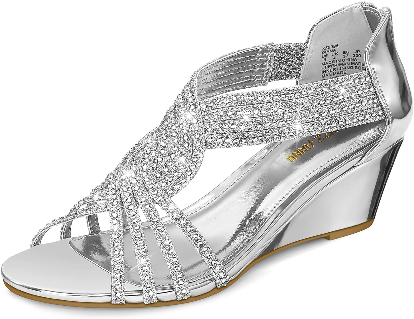 Women'S Diana Low Wedge Sandals Sparkly Rhinestone Open Toe Fashion Dress Shoes for Woman Lady in Bridal Dance Evening