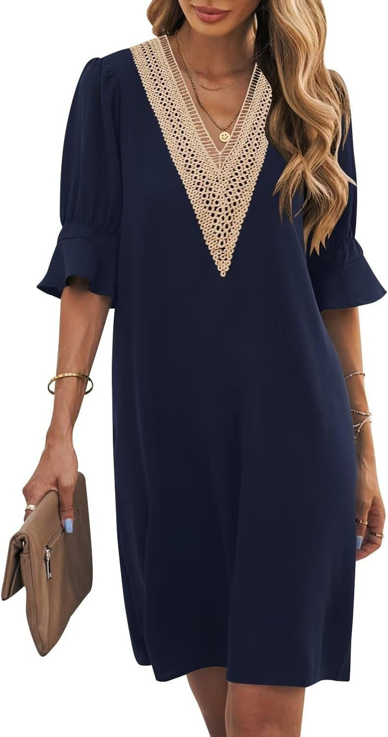 Shift Dress for Women V Neck Short Sleeves Solid Color Casual Flowy Summer Dresses(S-2Xl)