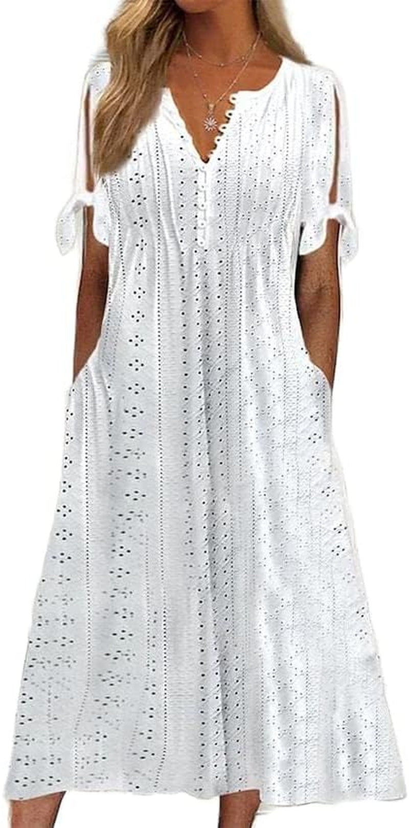 Womens Boho Eyelet Pastel Dress Button V Neck Tie Knot Short Sleeve Vacation Beach Midi Dresses with Pockets