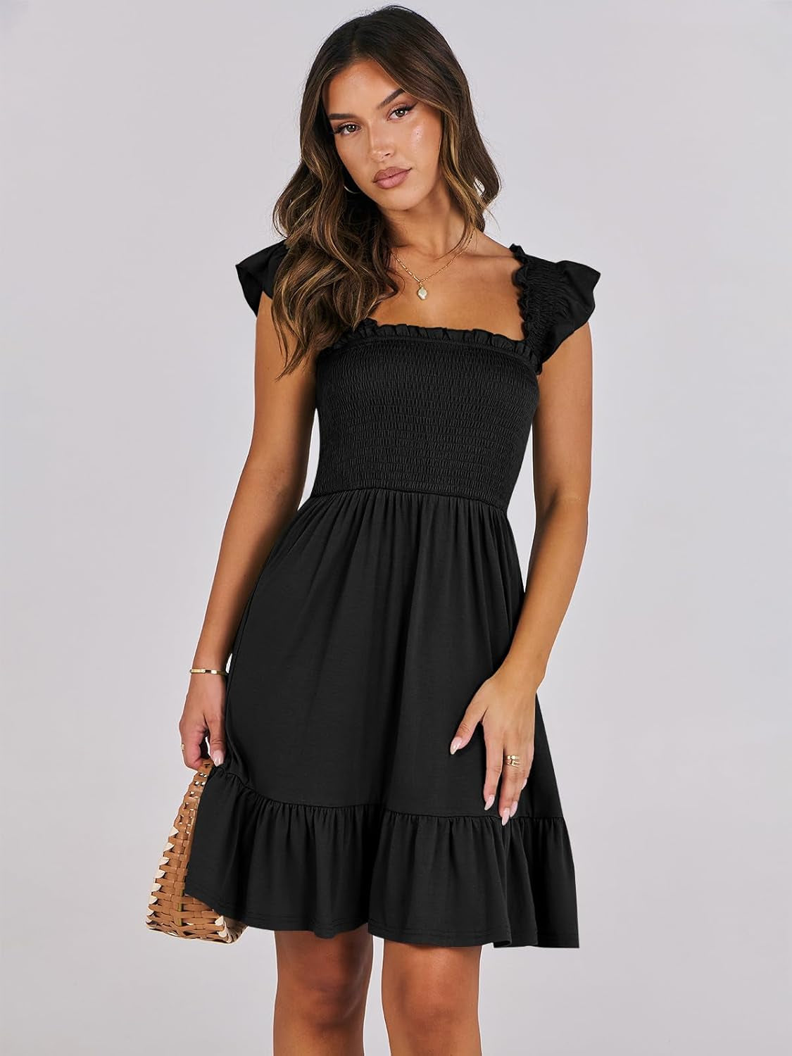 Women'S Summer Casual Sleeveless Square Neck Dress 2025 Smocked Ruffle Backless Boho Beach Cute Teen Short Sundress