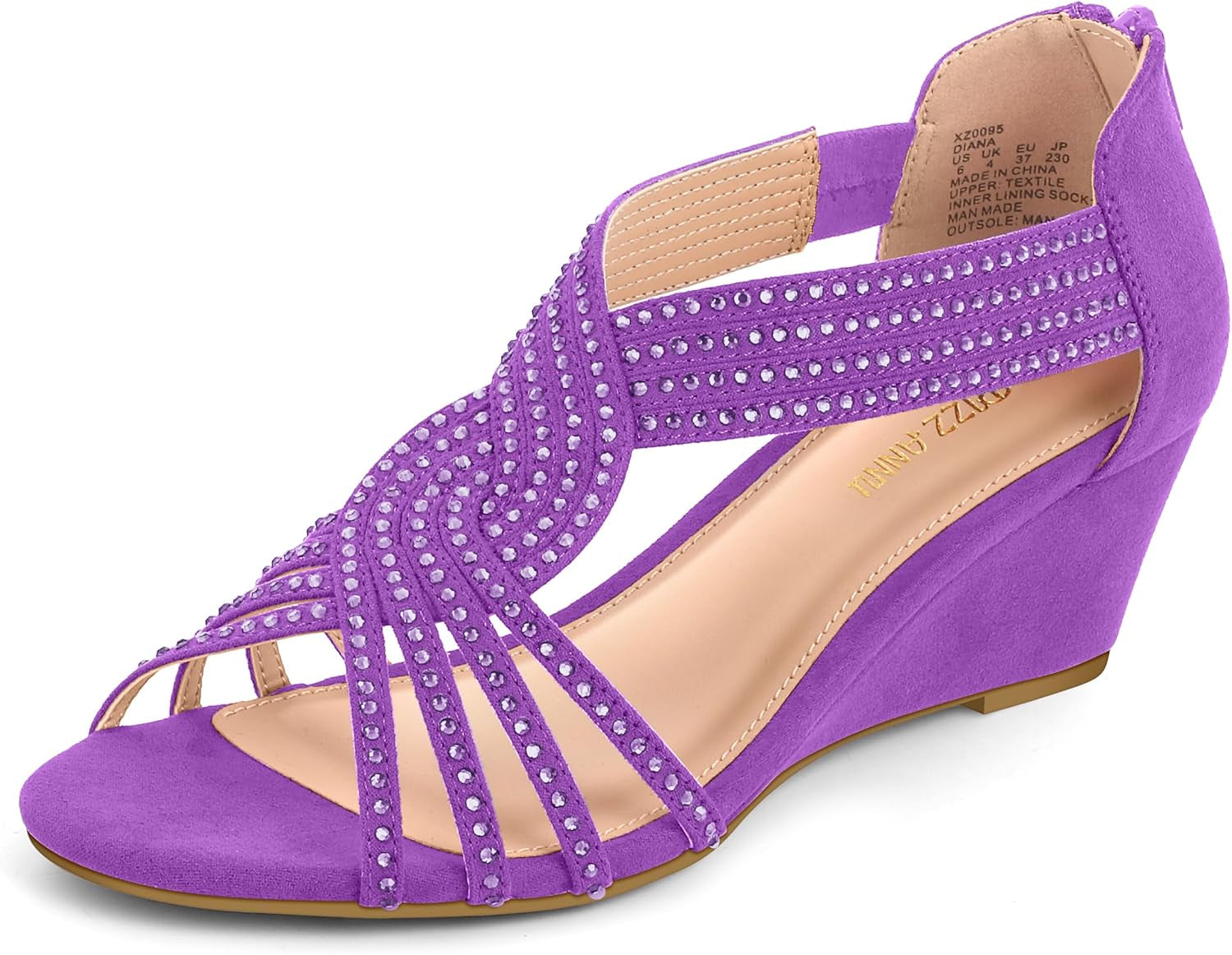 Women'S Diana Low Wedge Sandals Sparkly Rhinestone Open Toe Fashion Dress Shoes for Woman Lady in Bridal Dance Evening