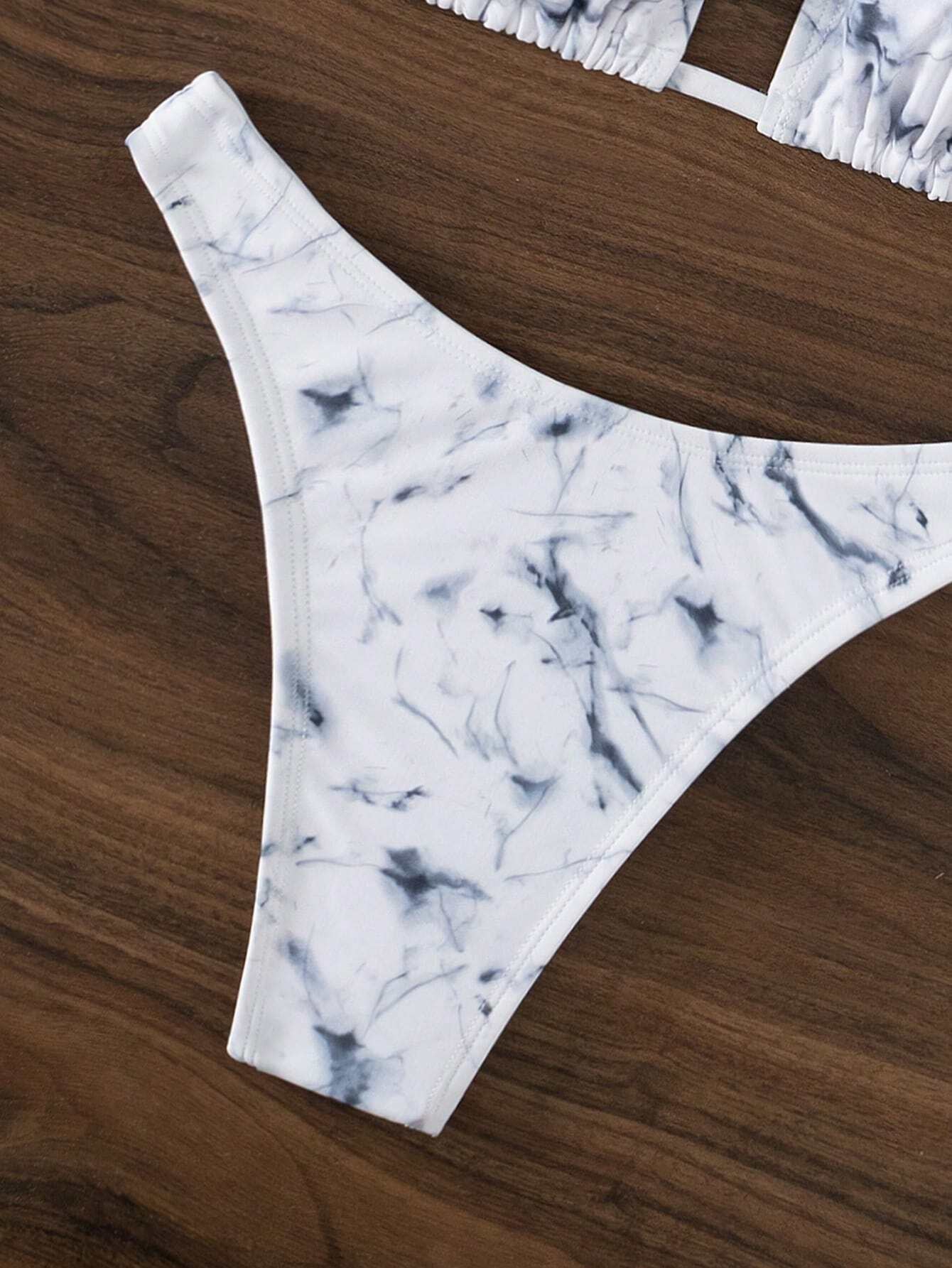 SHEIN Swim Summer Beach Marble Print Halter Triangle Bikini Set
