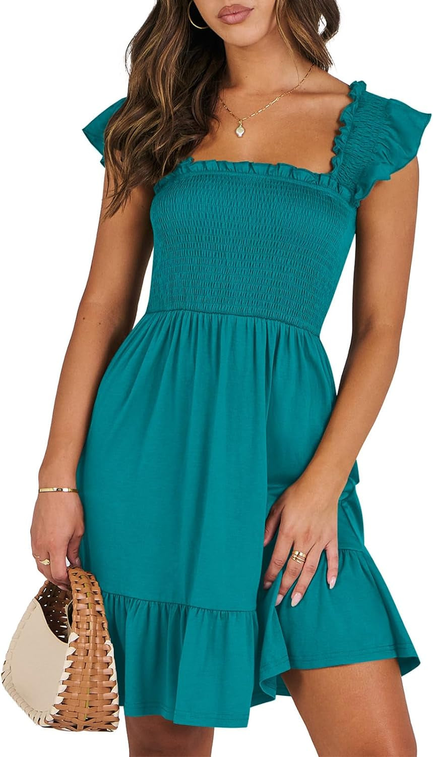 Women'S Summer Casual Sleeveless Square Neck Dress 2025 Smocked Ruffle Backless Boho Beach Cute Teen Short Sundress