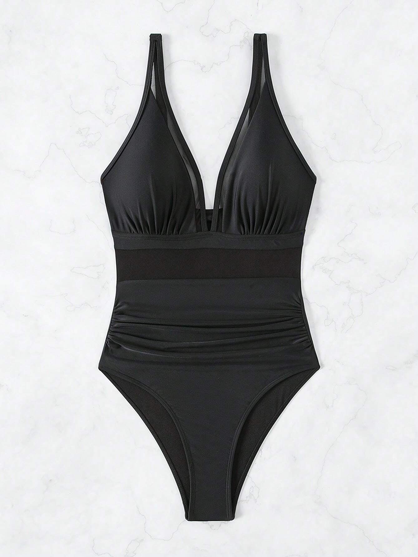 Swim Basics Summer Beach One Piece Mesh Contrast Swimsuit