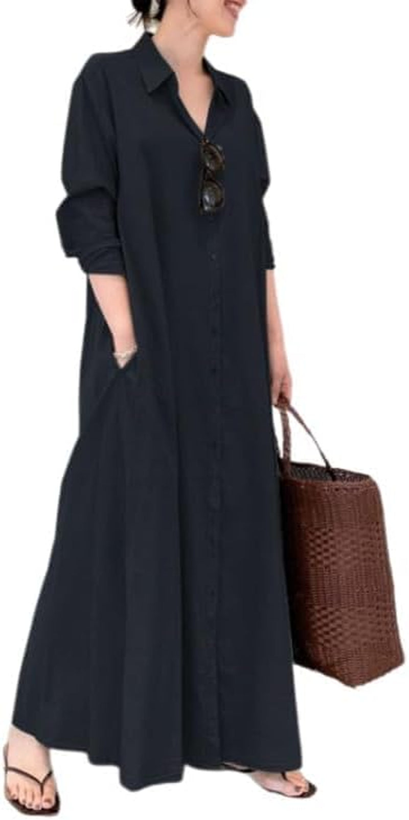 Womens Button down Cotton Linen Dress Long Sleeve Shirt Dress with Pockets