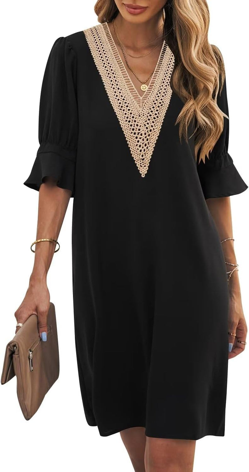 Shift Dress for Women V Neck Short Sleeves Solid Color Casual Flowy Summer Dresses(S-2Xl)