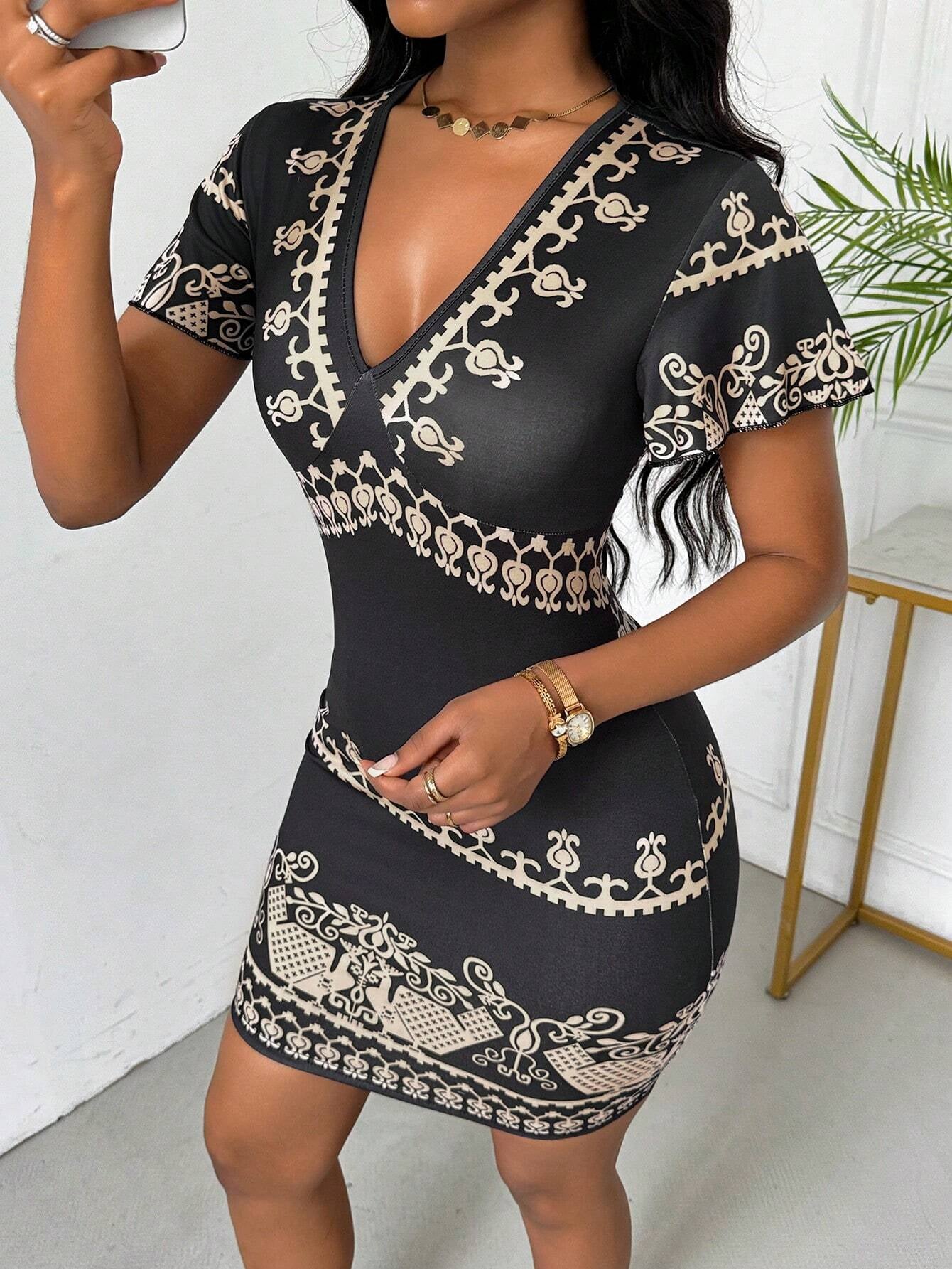 SHEIN Clasi Women'S Fashionable Print Short Sleeve V-Neck Dress