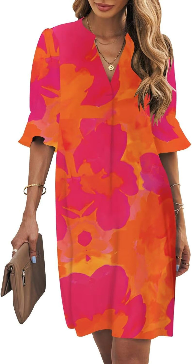 Shift Dress for Women V Neck Short Sleeves Solid Color Casual Flowy Summer Dresses(S-2Xl)