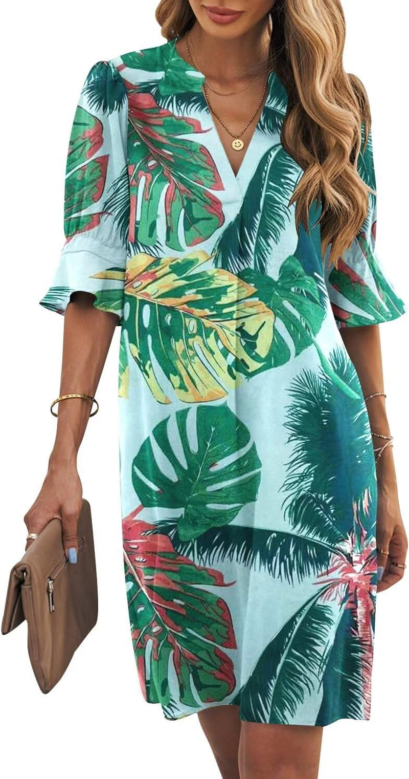 Shift Dress for Women V Neck Short Sleeves Solid Color Casual Flowy Summer Dresses(S-2Xl)