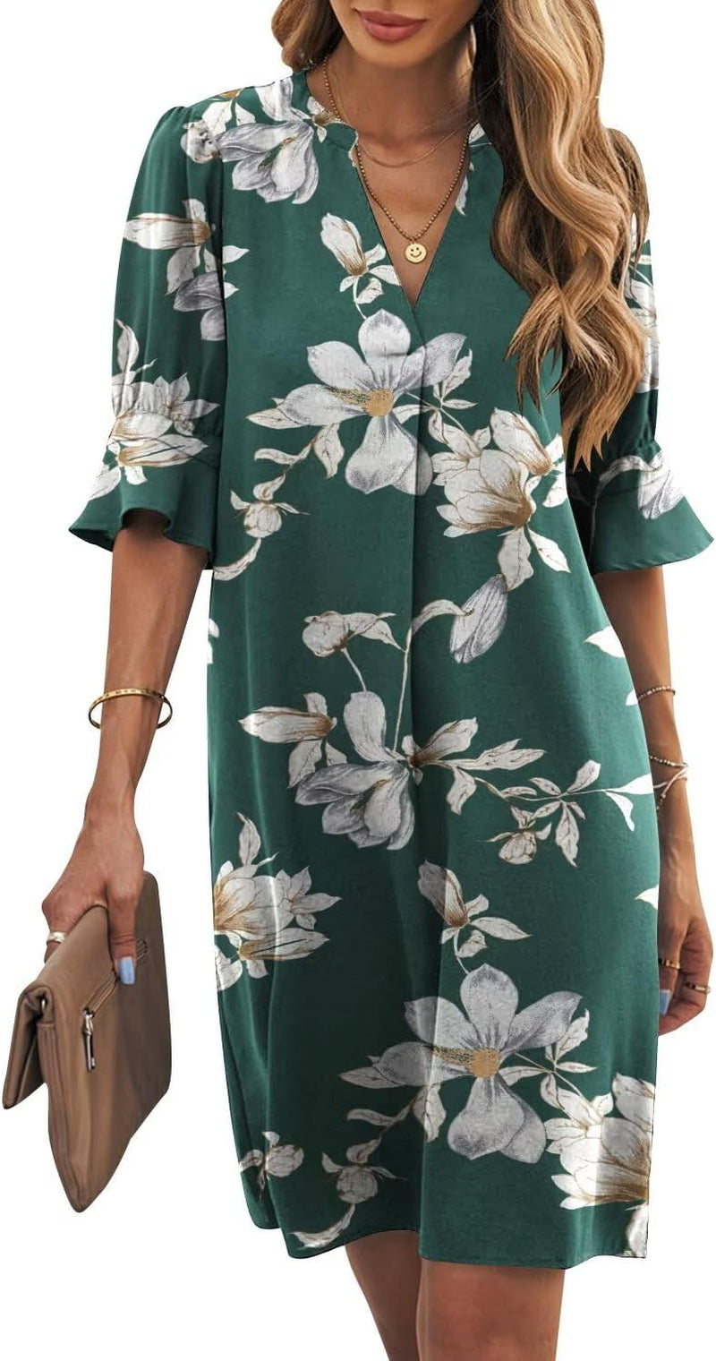 Shift Dress for Women V Neck Short Sleeves Solid Color Casual Flowy Summer Dresses(S-2Xl)