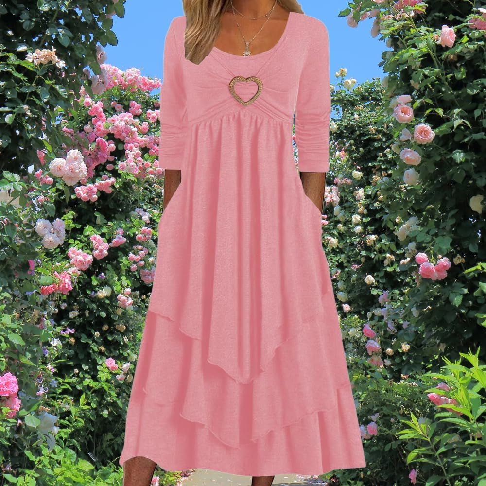Womens Wedding Guest Maxi Dresses Spring Long Sleeve Flowy Dress Layered Irregular Hem Swing Dress with Pockets