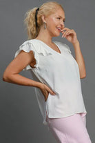 Umgee Full Size V-Neck Double Layered Ruffle Sleeve Blouse plus Size