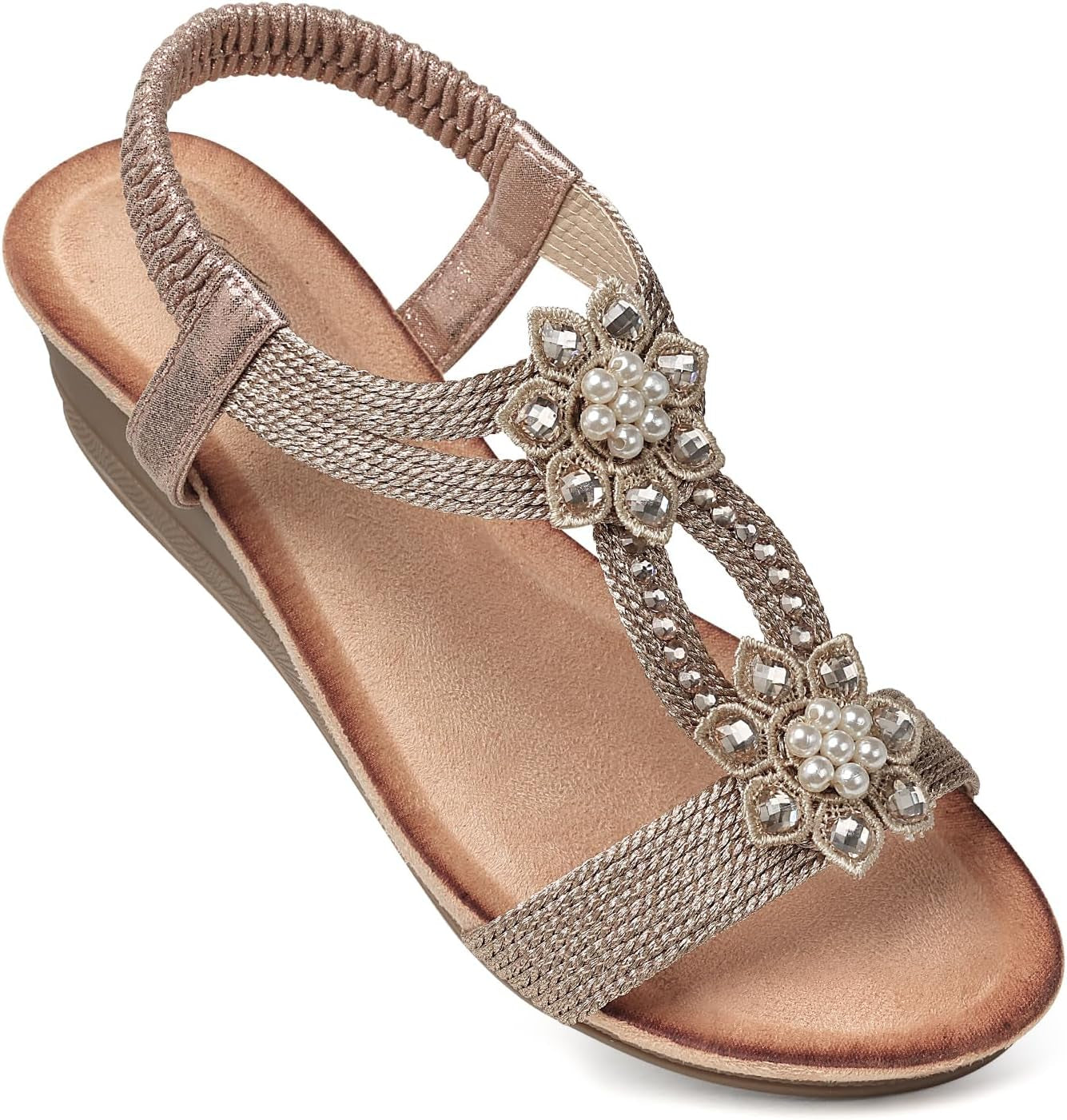 Womens Wedge Sandals Flower Low Heel Dressy Sandals Elastic Ankle Strap Rhinestone Summer Comfortable Shoe