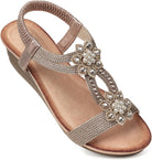 Womens Wedge Sandals Flower Low Heel Dressy Sandals Elastic Ankle Strap Rhinestone Summer Comfortable Shoe