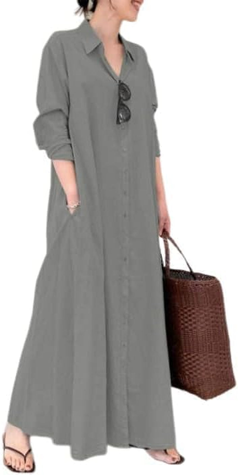 Womens Button down Cotton Linen Dress Long Sleeve Shirt Dress with Pockets