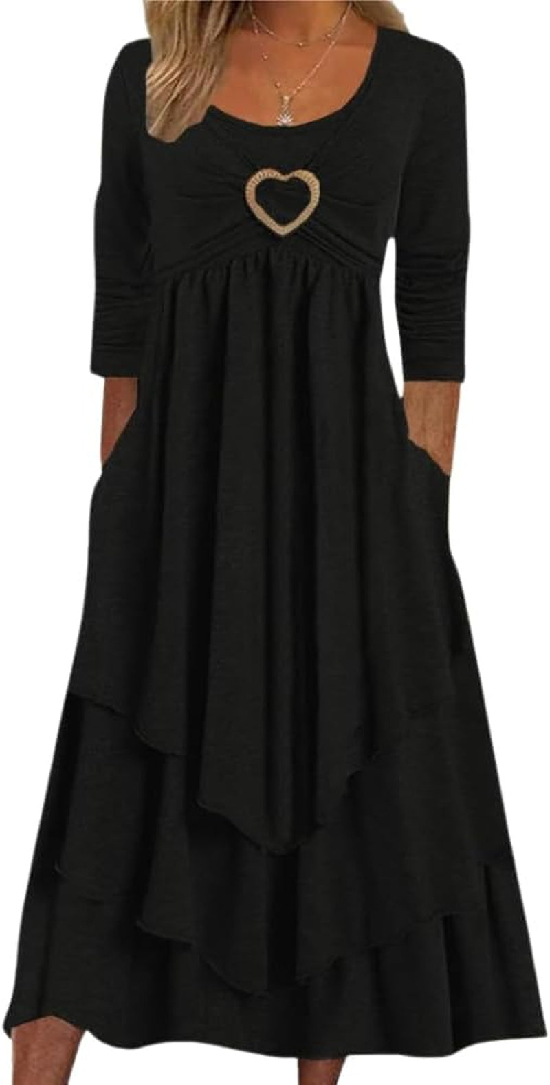 Womens Wedding Guest Maxi Dresses Spring Long Sleeve Flowy Dress Layered Irregular Hem Swing Dress with Pockets