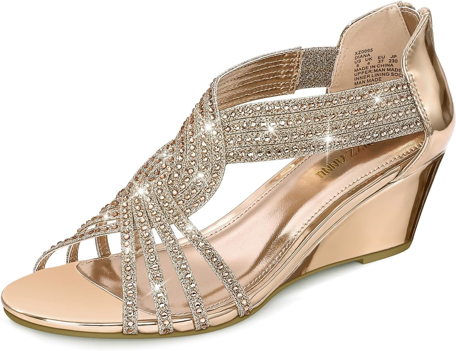 Women'S Diana Low Wedge Sandals Sparkly Rhinestone Open Toe Fashion Dress Shoes for Woman Lady in Bridal Dance Evening
