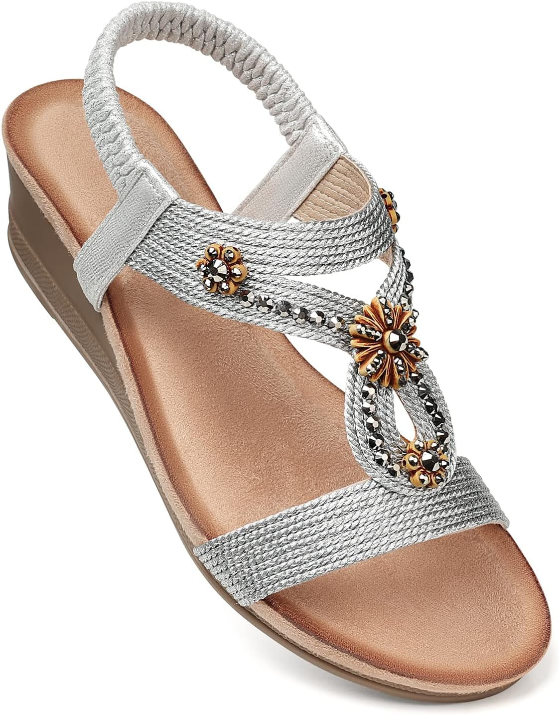 Womens Wedge Sandals Flower Low Heel Dressy Sandals Elastic Ankle Strap Rhinestone Summer Comfortable Shoe