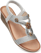 Womens Wedge Sandals Flower Low Heel Dressy Sandals Elastic Ankle Strap Rhinestone Summer Comfortable Shoe