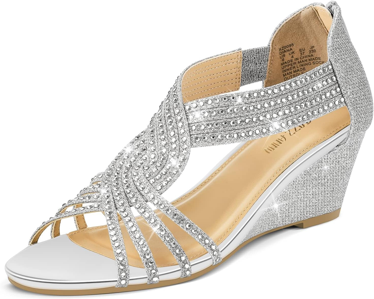Women'S Diana Low Wedge Sandals Sparkly Rhinestone Open Toe Fashion Dress Shoes for Woman Lady in Bridal Dance Evening