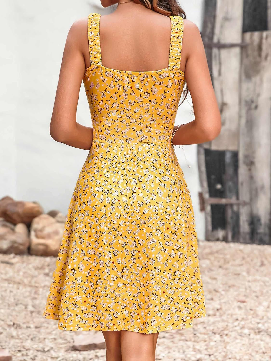 Women'S Summer Casual Square Neck Dress with Pocket Cute Sleeveless High Waist A-Line Sundress Midi Dresses