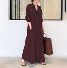 Womens Button down Cotton Linen Dress Long Sleeve Shirt Dress with Pockets