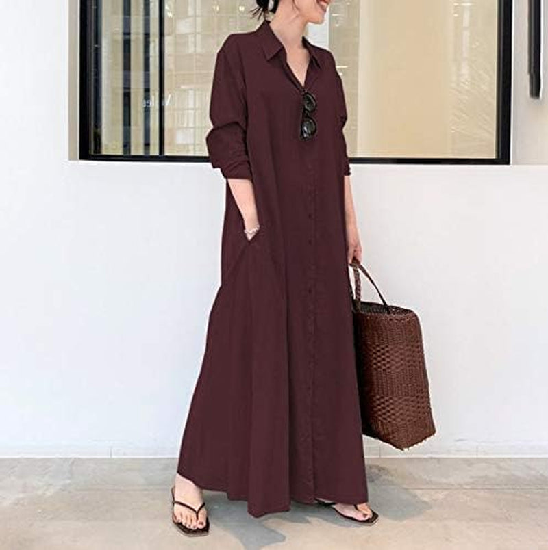 Womens Button down Cotton Linen Dress Long Sleeve Shirt Dress with Pockets