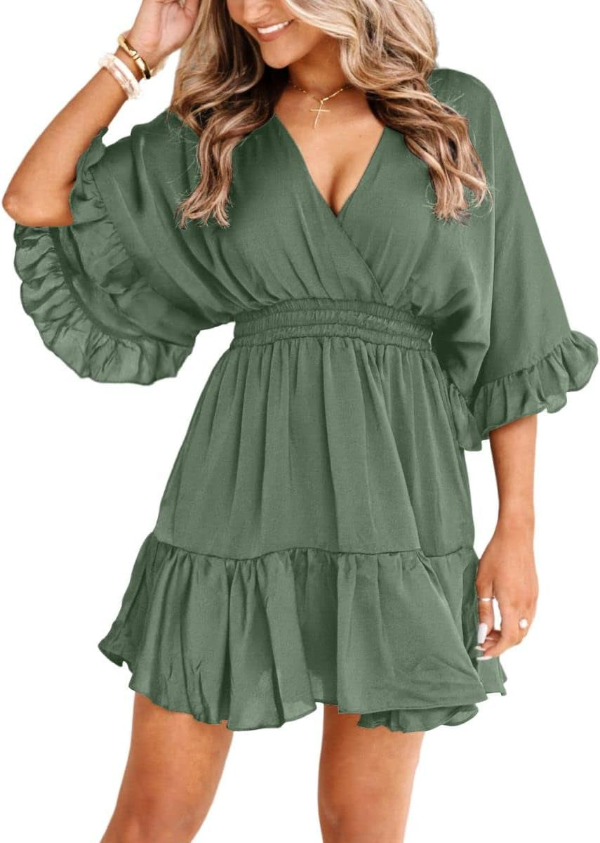 Womens V Neck Casual Dresses Summer Loose High Waist Ruffle Pleated Cute Mini Short Dress