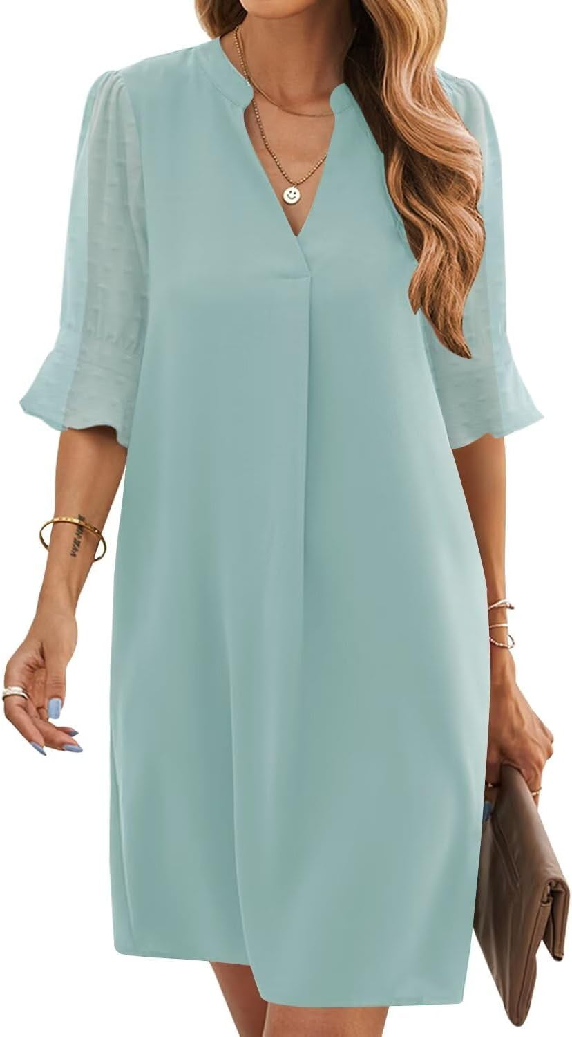 Shift Dress for Women V Neck Short Sleeves Solid Color Casual Flowy Summer Dresses(S-2Xl)