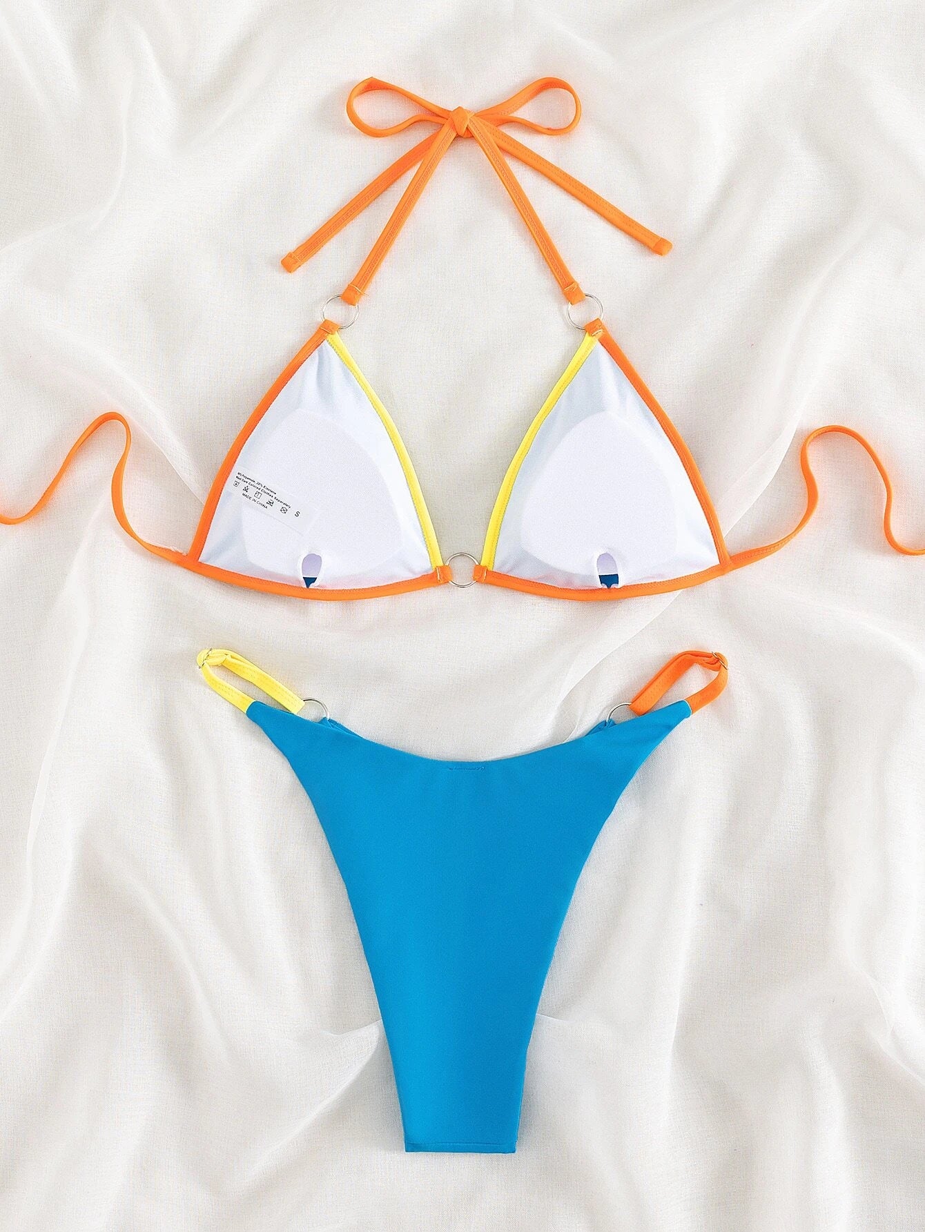Swim Summer Beach Contrast Binding Ring Linked Triangle Bikini Set