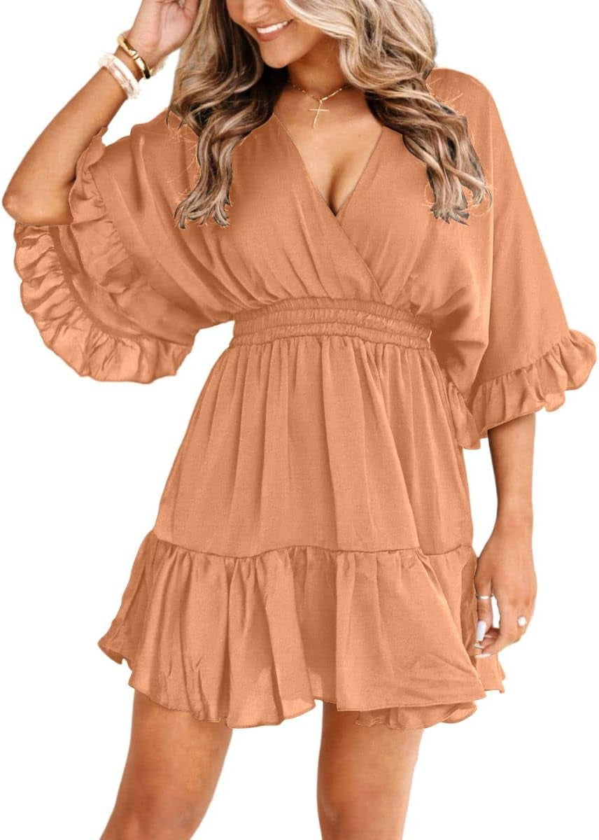 Womens V Neck Casual Dresses Summer Loose High Waist Ruffle Pleated Cute Mini Short Dress