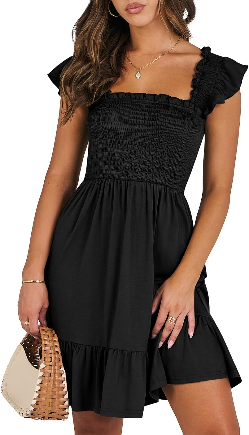 Women'S Summer Casual Sleeveless Square Neck Dress 2025 Smocked Ruffle Backless Boho Beach Cute Teen Short Sundress