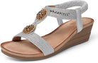 Womens Wedge Sandals Flower Low Heel Dressy Sandals Elastic Ankle Strap Rhinestone Summer Comfortable Shoe
