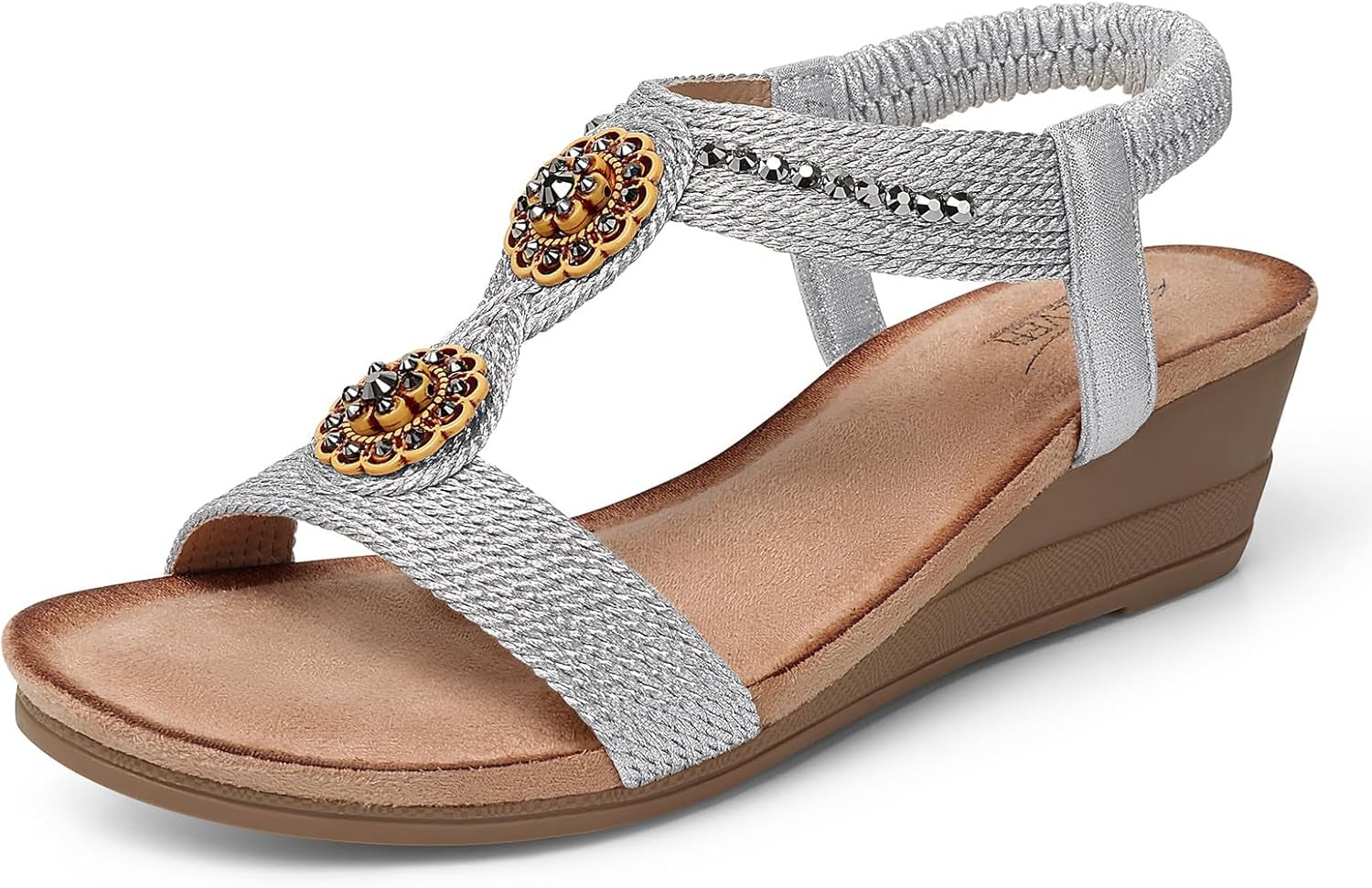 Womens Wedge Sandals Flower Low Heel Dressy Sandals Elastic Ankle Strap Rhinestone Summer Comfortable Shoe