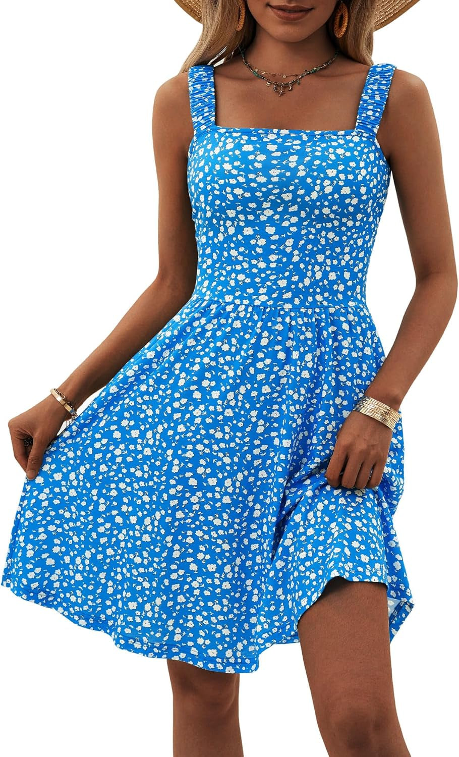 Women'S Summer Casual Square Neck Dress with Pocket Cute Sleeveless High Waist A-Line Sundress Midi Dresses